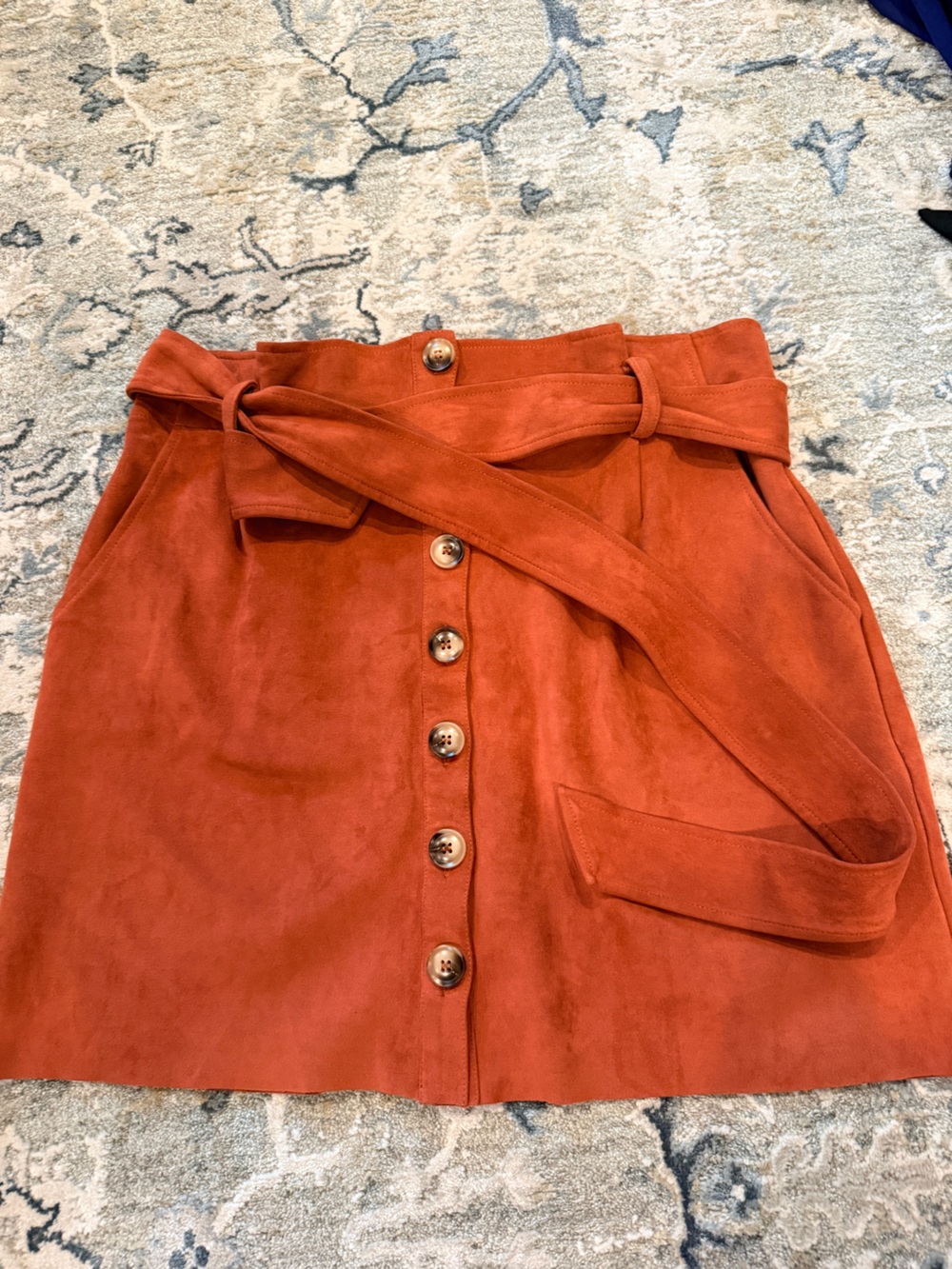 Naked Zebra Rust Orange Button-Front Suede Skirt with Tie Waist